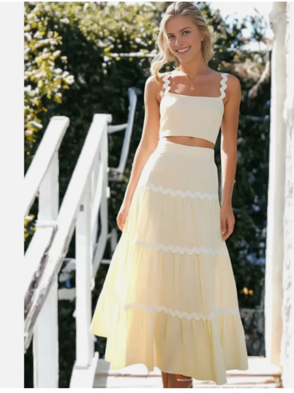 Yellow 2pcs Tiered Maxi Skirt with White Trim and matching Top - Picture 2 of 7